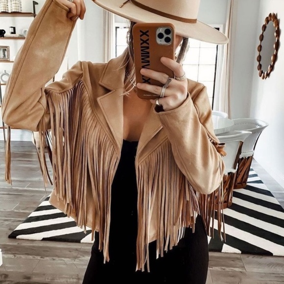 Jackets & Blazers - SOLD OUT Camel Faux Leather Suede Fringe Cropped Western Boho Moto Jacket